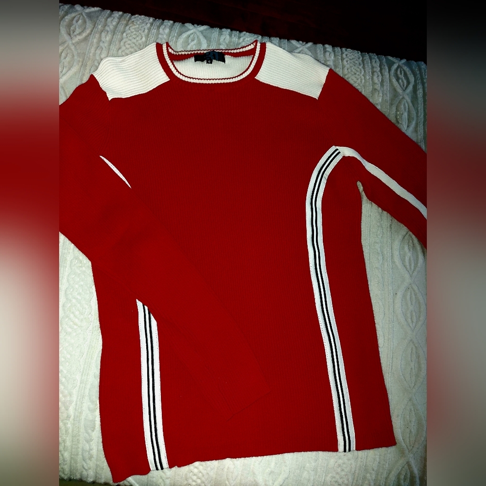 Simons Bold Red and White Crewneck Sweater.